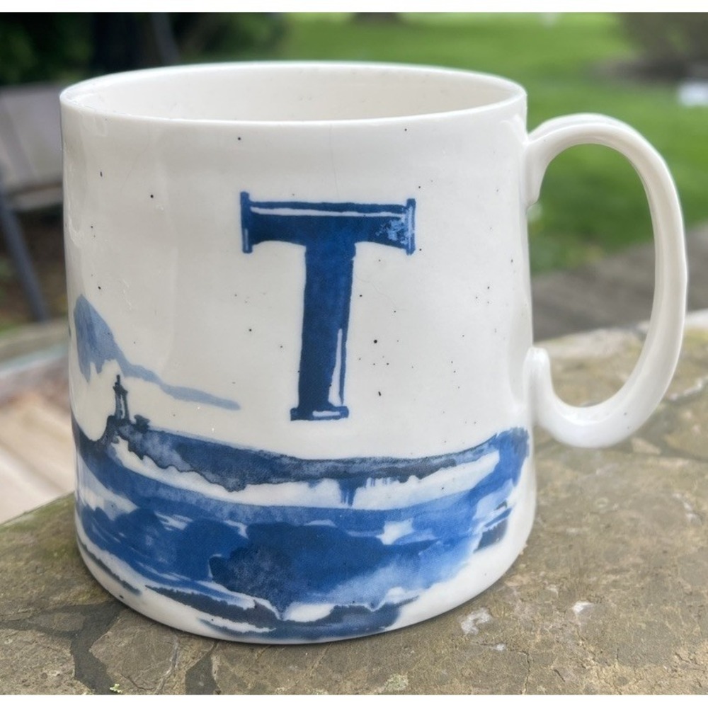Anthropologie Buoyant "T" Coffee Mug Monogram Cream Blue Stoneware Cup Cape Cod
